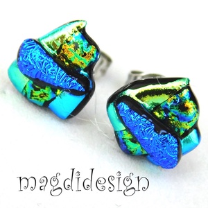 NEMESACÉL! Türkiz-kék-arany borzaska dichroic üvegékszer stiftes fülbevaló  - ékszer - fülbevaló - pötty fülbevaló - Meska.hu