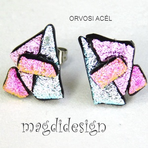 NEMESACÉL! Rózsaszín-ezüst borzaska dichroic üvegékszer stiftes fülbevaló  - Meska.hu