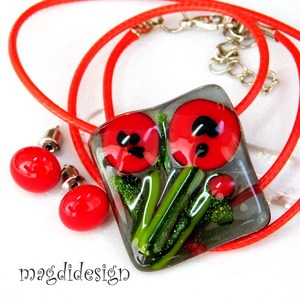 Pipacsok a szürkeségben üvegékszer szett nyaklánc, stiftes fülbevló , Ékszer, Ékszerszett, Ékszerkészítés, Üvegművészet, MESKA