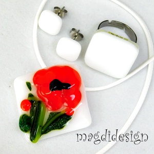 Pipacsok üvegékszer szett nyaklánc, gyűrű, stiftes fülbevló  - Meska.hu