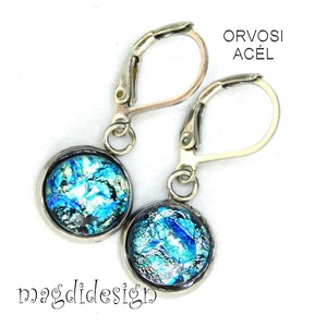 Csillogó ezüst-kék dichroic üvegékszer lógós kapcsos fülbevaló - ékszer - fülbevaló - lógó fülbevaló - Meska.hu