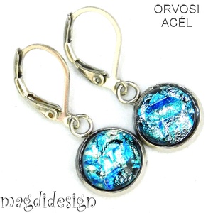 Csillogó ezüst-kék dichroic üvegékszer lógós kapcsos fülbevaló - Meska.hu