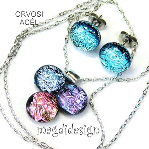 Lazac-ezüst-rózsaszín dichroic bogyós színtrió üvegékszer szett nyaklánc stiftes fülbevaló - Meska.hu