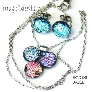Lazac-ezüst-rózsaszín dichroic bogyós színtrió üvegékszer szett nyaklánc stiftes fülbevaló - ékszer - ékszerszett - Meska.hu