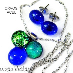 Zöld-türkiz-kék dichroic bogyós színtrió üvegékszer szett nyaklánc stiftes fülbevaló - Meska.hu