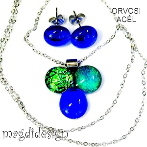 Zöld-türkiz-kék dichroic bogyós színtrió üvegékszer szett nyaklánc stiftes fülbevaló - ékszer - ékszerszett - Meska.hu