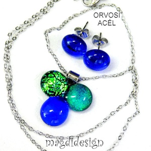 Zöld-türkiz-kék dichroic bogyós színtrió üvegékszer szett nyaklánc stiftes fülbevaló - ékszer - ékszerszett - Meska.hu