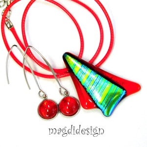 Tüzes türkiz-zöld csíkos szögek üvegékszer szett nyaklánc lógós fülbevaló - ékszer - ékszerszett - Meska.hu