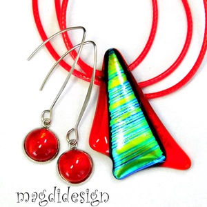 Tüzes türkiz-zöld csíkos szögek üvegékszer szett nyaklánc lógós fülbevaló, Ékszer, Ékszerszett, Ékszerkészítés, Üvegművészet, MESKA