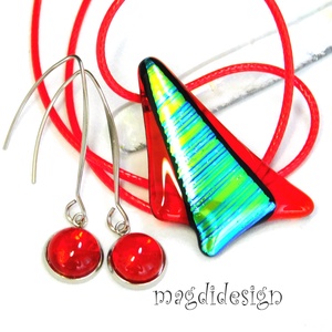 Tüzes türkiz-zöld csíkos szögek üvegékszer szett nyaklánc lógós fülbevaló - ékszer - ékszerszett - Meska.hu