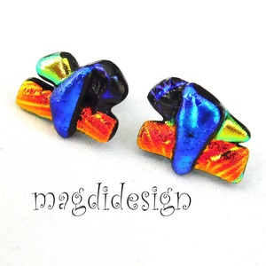 NEMESACÉL! Kék- narancs-arany  borzaska dichroic üvegékszer stiftes fülbevaló  - Meska.hu