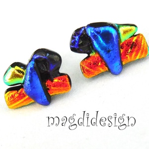NEMESACÉL! Kék- narancs-arany  borzaska dichroic üvegékszer stiftes fülbevaló  - ékszer - fülbevaló - pötty fülbevaló - Meska.hu