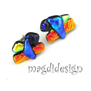 NEMESACÉL! Kék- narancs-arany  borzaska dichroic üvegékszer stiftes fülbevaló  - ékszer - fülbevaló - pötty fülbevaló - Meska.hu
