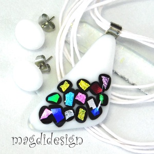 Fehér szivárványos dichroic bordűrös üvegékszer szett nyaklánc pötty fülbevaló  - Meska.hu