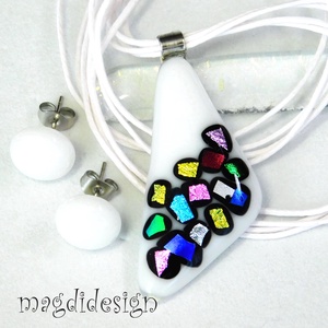 Fehér szivárványos dichroic bordűrös üvegékszer szett nyaklánc pötty fülbevaló  - ékszer - ékszerszett - Meska.hu