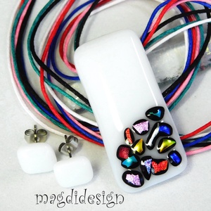 Fehér bordűrös üvegékszer szett nyaklánc pötty fülbevaló 1 - ékszer - ékszerszett - Meska.hu