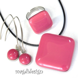 Mályvás-málna üvegékszer szett, nyaklánc, gyűrű, lógós fülbevaló, Ékszer, Ékszerszett, Ékszerkészítés, Üvegművészet, MESKA