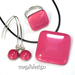 Mályvás-málna üvegékszer szett, nyaklánc, gyűrű, lógós fülbevaló - ékszer - ékszerszett - Meska.hu