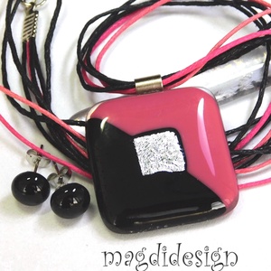 Fekete-mályva üvegékszer szett, nyaklánc, stiftes fülbevaló, Ékszer, Ékszerszett, Ékszerkészítés, Üvegművészet, MESKA