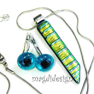  Rózsaszín csíkos dichroic üvegékszer szett nyaklánc kapcsos fülbevaló 2 - ékszer - ékszerszett - Meska.hu