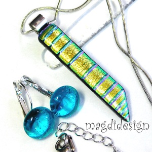  Rózsaszín csíkos dichroic üvegékszer szett nyaklánc kapcsos fülbevaló 2 - ékszer - ékszerszett - Meska.hu