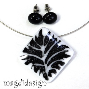 Csillogó fekete levél fehéren üvegékszer szett nyaklánc stiftes fülbevaló - ékszer - ékszerszett - Meska.hu
