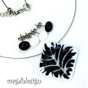 Csillogó fekete levél fehéren üvegékszer szett nyaklánc stiftes fülbevaló - ékszer - ékszerszett - Meska.hu