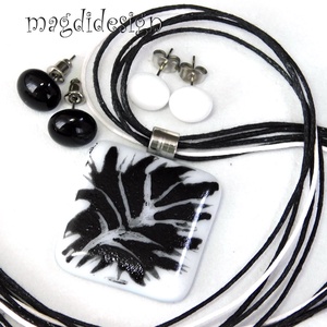 Csillogó fekete levél fehéren üvegékszer szett nyaklánc stiftes fülbevaló 1 - ékszer - ékszerszett - Meska.hu