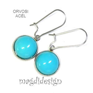 Türkizkéküvegékszer stiftes lógós nemesacél fülbevaló - ékszer - fülbevaló - lógó fülbevaló - Meska.hu