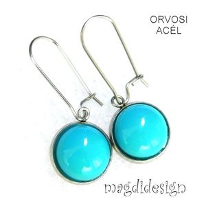 Türkizkéküvegékszer stiftes lógós nemesacél fülbevaló, Ékszer, Fülbevaló, Lógó fülbevaló, Ékszerkészítés, Üvegművészet, MESKA