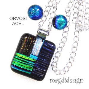 Csíkos mozaik dichroic üvegékszer szett nyaklánc, pötty fülbevaló  - ékszer - ékszerszett - Meska.hu
