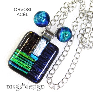 Csíkos mozaik dichroic üvegékszer szett nyaklánc, pötty fülbevaló , Ékszer, Ékszerszett, Üvegművészet, Ékszerkészítés, MESKA