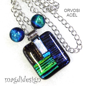 Csíkos mozaik dichroic üvegékszer szett nyaklánc, pötty fülbevaló  - ékszer - ékszerszett - Meska.hu