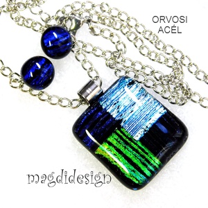 Csíkos mozaik dichroic üvegékszer szett nyaklánc, pötty fülbevaló  - ékszer - ékszerszett - Meska.hu