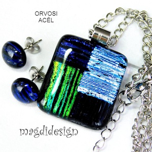 Csíkos mozaik dichroic üvegékszer szett nyaklánc, pötty fülbevaló  1, Ékszer, Ékszerszett, Üvegművészet, Ékszerkészítés, MESKA
