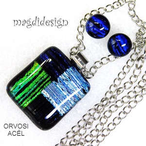 Csíkos mozaik dichroic üvegékszer szett nyaklánc, pötty fülbevaló  1 - ékszer - ékszerszett - Meska.hu