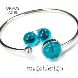 Türkiz üvegékszer szett karkötő, stiftes fülbevaló - Ballagásra, születésnapra, névnapra - ékszer - ékszerszett - Meska.hu