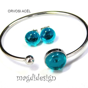 Türkiz üvegékszer szett karkötő, stiftes fülbevaló - Ballagásra, születésnapra, névnapra - ékszer - ékszerszett - Meska.hu