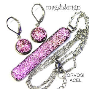  Színjátszó rózsaszín dichroic üvegékszer szett nyaklánc kapcsos fülbevaló - Ballagásra, születésnapra, névnapra - Meska.hu