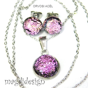 Rózsaszín dichroic bogyós színtrió üvegékszer szett nyaklánc stiftes fülbevaló, Ékszer, Ékszerszett, Ékszerkészítés, Üvegművészet, MESKA