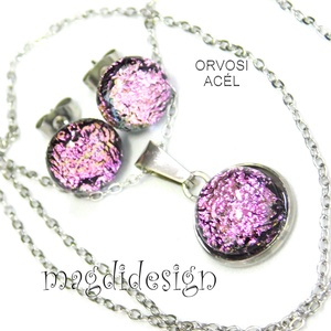 Rózsaszín dichroic bogyós színtrió üvegékszer szett nyaklánc stiftes fülbevaló - ékszer - ékszerszett - Meska.hu