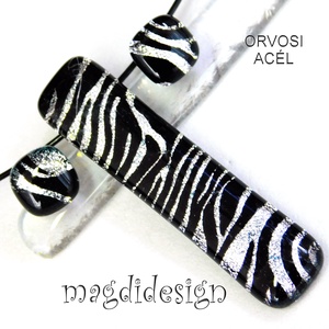  EXKLUZÍV  Fekete ezüst zebra üvegékszer szett nyaklánc stiftes fülbevaló - Anyák napjára, ballgásra - ékszer - ékszerszett - Meska.hu