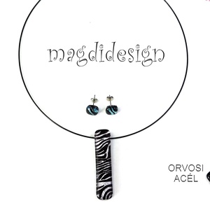  EXKLUZÍV  Fekete ezüst zebra üvegékszer szett nyaklánc stiftes fülbevaló - Anyák napjára, ballgásra - ékszer - ékszerszett - Meska.hu