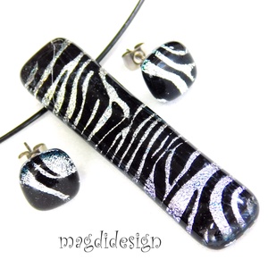  EXKLUZÍV  Fekete ezüst zebra üvegékszer szett nyaklánc stiftes fülbevaló 1 - Anyák napjára, ballgásra - ékszer - ékszerszett - Meska.hu