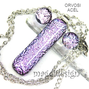  Szikrázó rózsaszín dichroic üvegékszer szett nyaklánc stiftes fülbevaló - ékszer - ékszerszett - Meska.hu