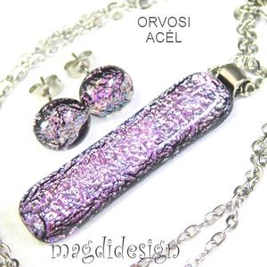  Szikrázó rózsaszín dichroic üvegékszer szett nyaklánc stiftes fülbevaló - ékszer - ékszerszett - Meska.hu