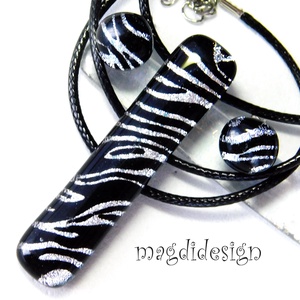  EXKLUZÍV  Fekete ezüst zebra üvegékszer szett nyaklánc stiftes fülbevaló 1 - Anyák napjára, ballgásra - Meska.hu
