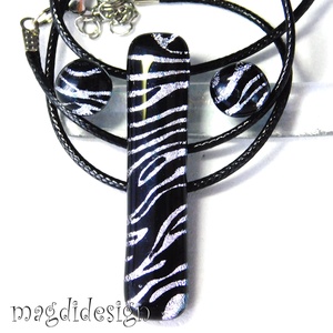  EXKLUZÍV  Fekete ezüst zebra üvegékszer szett nyaklánc stiftes fülbevaló 1 - Anyák napjára, ballgásra - ékszer - ékszerszett - Meska.hu