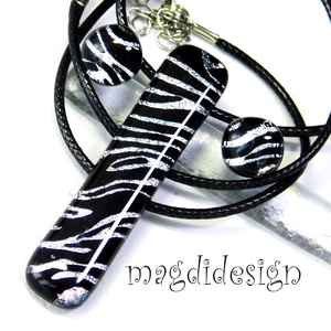  EXKLUZÍV  Fekete ezüst zebra üvegékszer szett nyaklánc stiftes fülbevaló 1 - Anyák napjára, ballgásra - ékszer - ékszerszett - Meska.hu