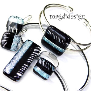  EXKLUZÍV  Fekete ezüst zebra üvegékszer szett nyaklánc, karkötő, gyűrű fülbevaló - Anyák napjára, ballgásra - ékszer - ékszerszett - Meska.hu